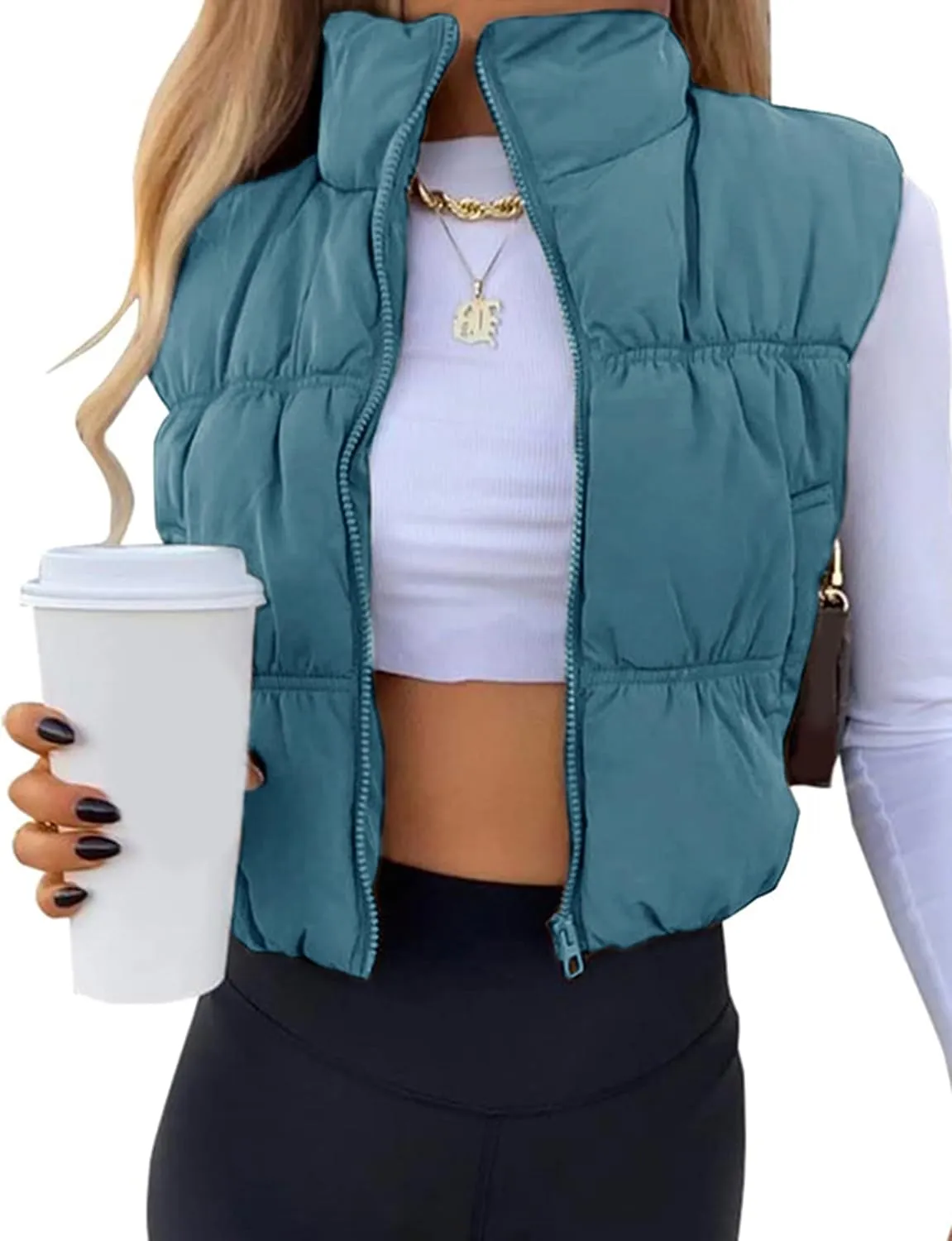 Athlisan Womens Cropped Puffer Vest Zip Up Stand Collar Lightweight Sleeveless Padded Gilet with Pockets