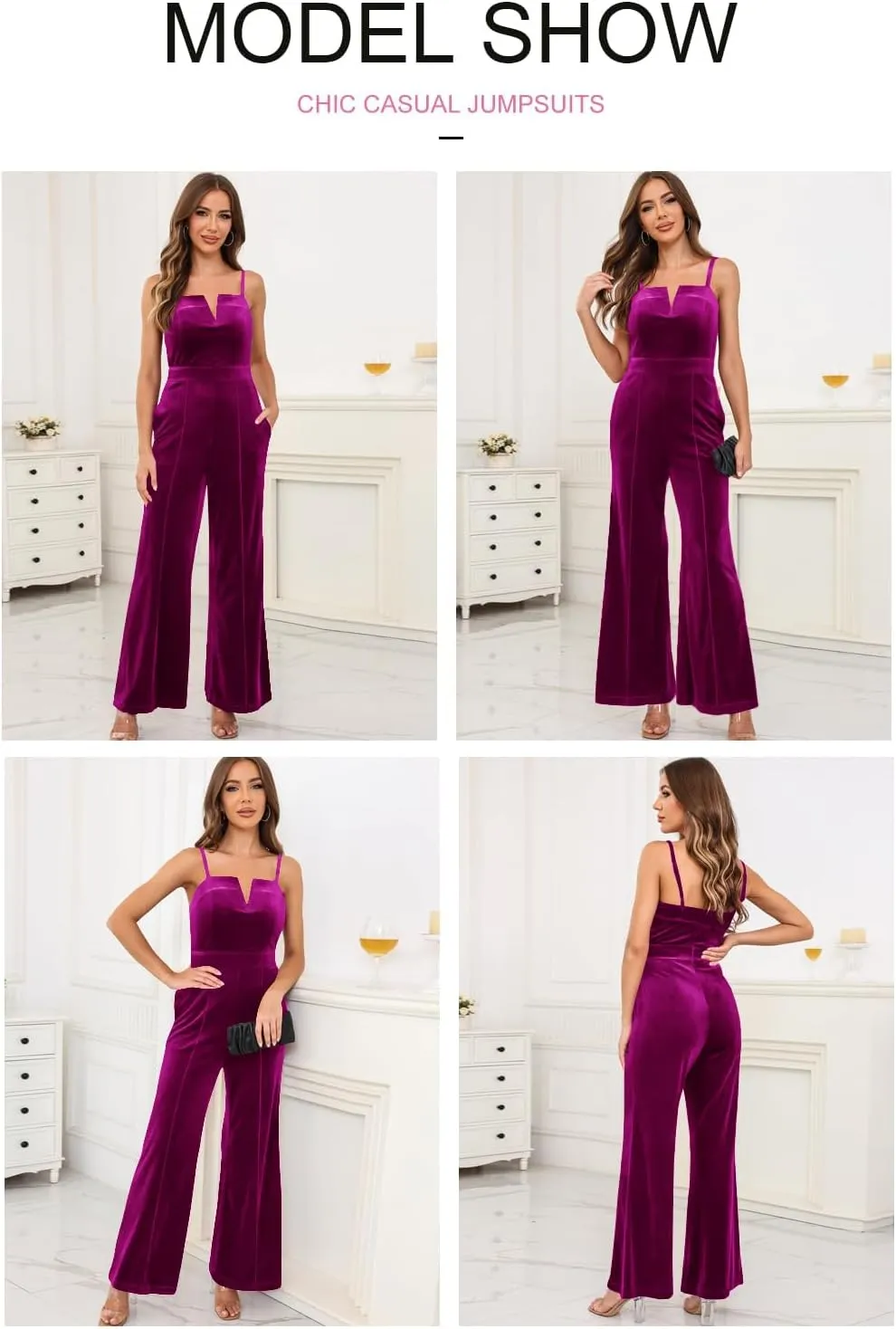 BLENCOT Sleeveless Velvet Jumpsuits For Women V Neck Spaghetti Straps Wide Leg Long Pants Dressy Rompers Winter Overalls S-XL