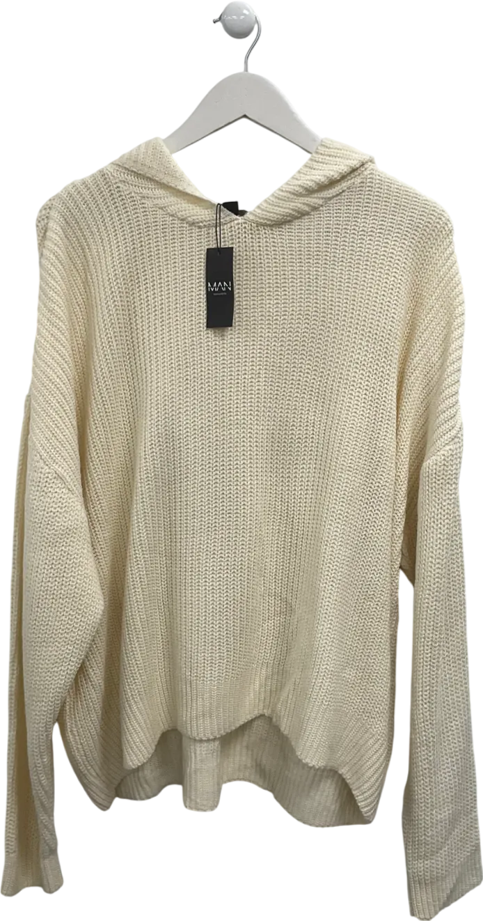 boohooMan Cream Boxy Knitted Ribbed Hoodie UK M