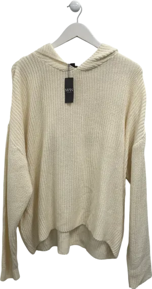 boohooMan Cream Boxy Knitted Ribbed Hoodie UK M