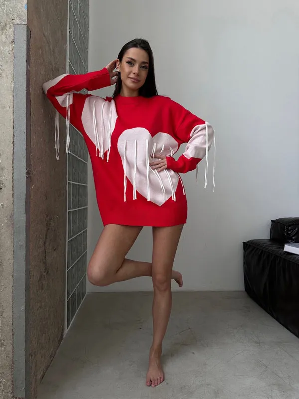 Comfy Fringe Tassel Sweater with Heart Print