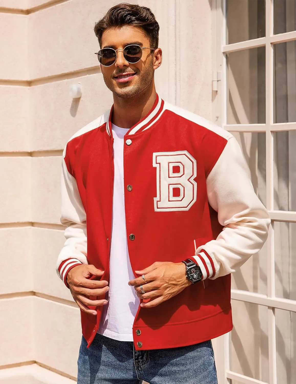 COOFANDY Men's Varsity Jacket Wool Blend Letterman Bomber Jacket Baseball Lightweight Jacket