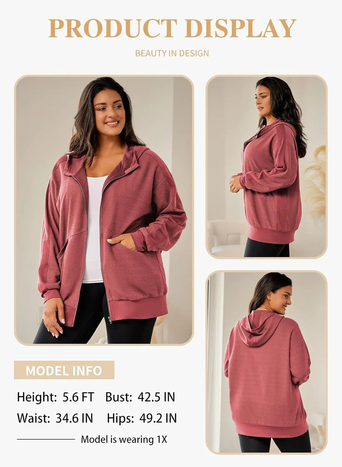 Eytino Womens Plus Size Long Sleeve Zip Up Oversized Casual Hoodies Sweatshirt Jackets with Pockets(1X-5X)