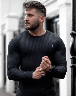 Father Sons Classic Black Ribbed Knit Super Slim Crew - FSH162