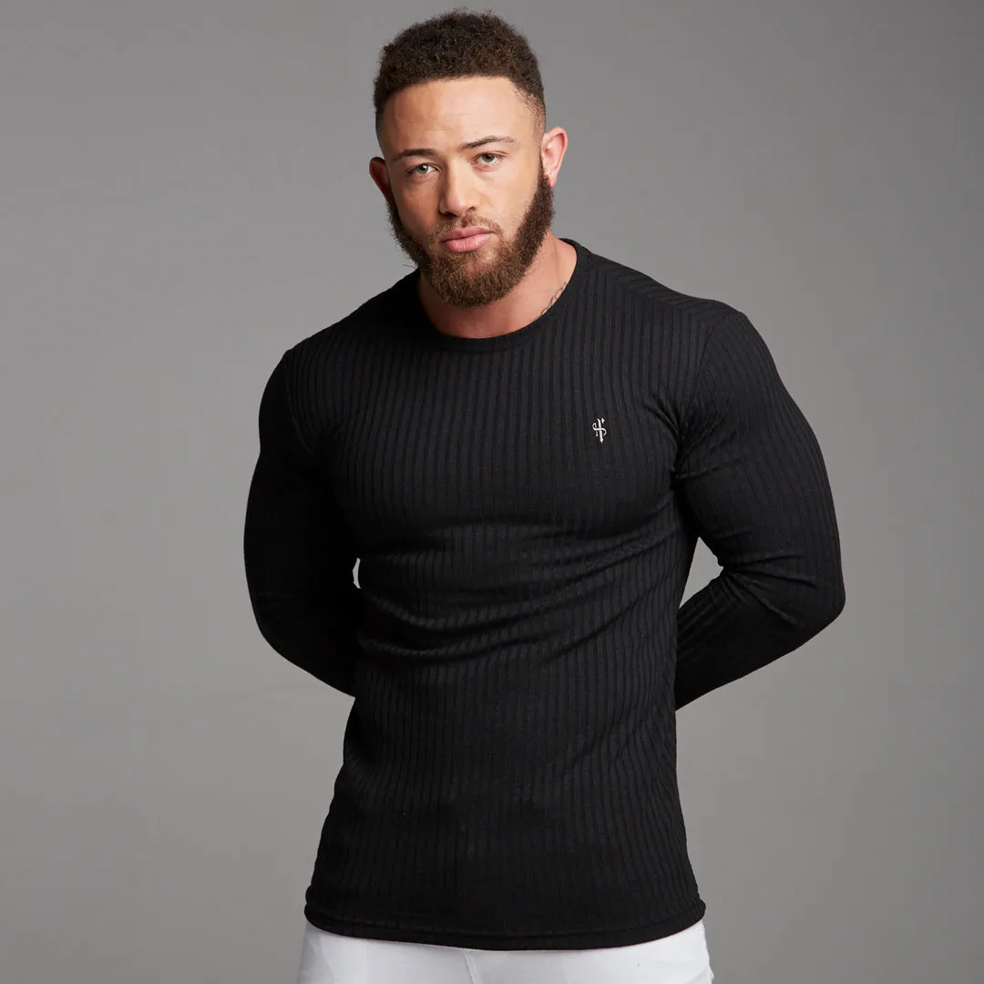 Father Sons Classic Black Ribbed Knit Super Slim Crew - FSH162