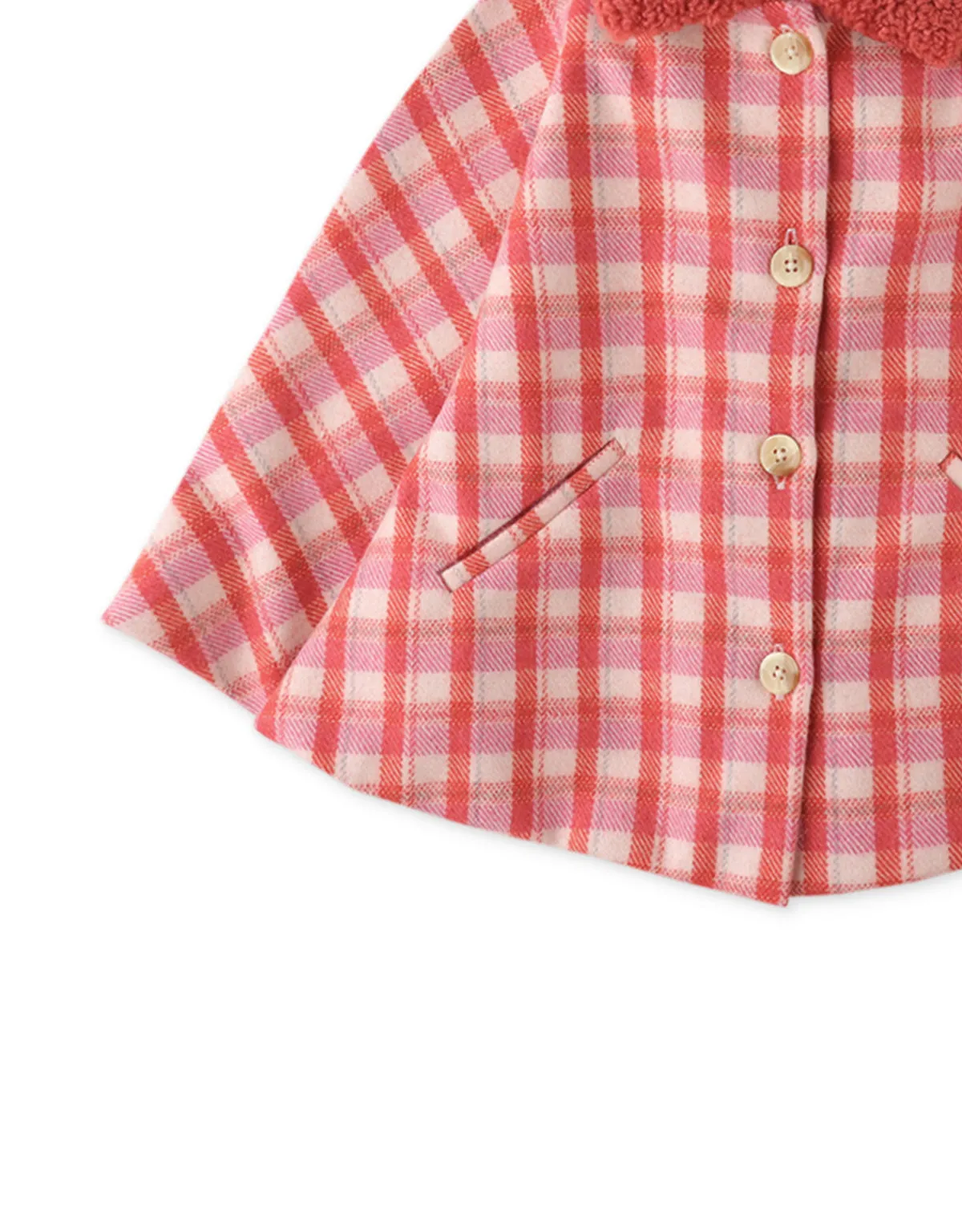 GIRLS PLAID WOOL CAPE WITH FAUX SHEARLING COLLAR