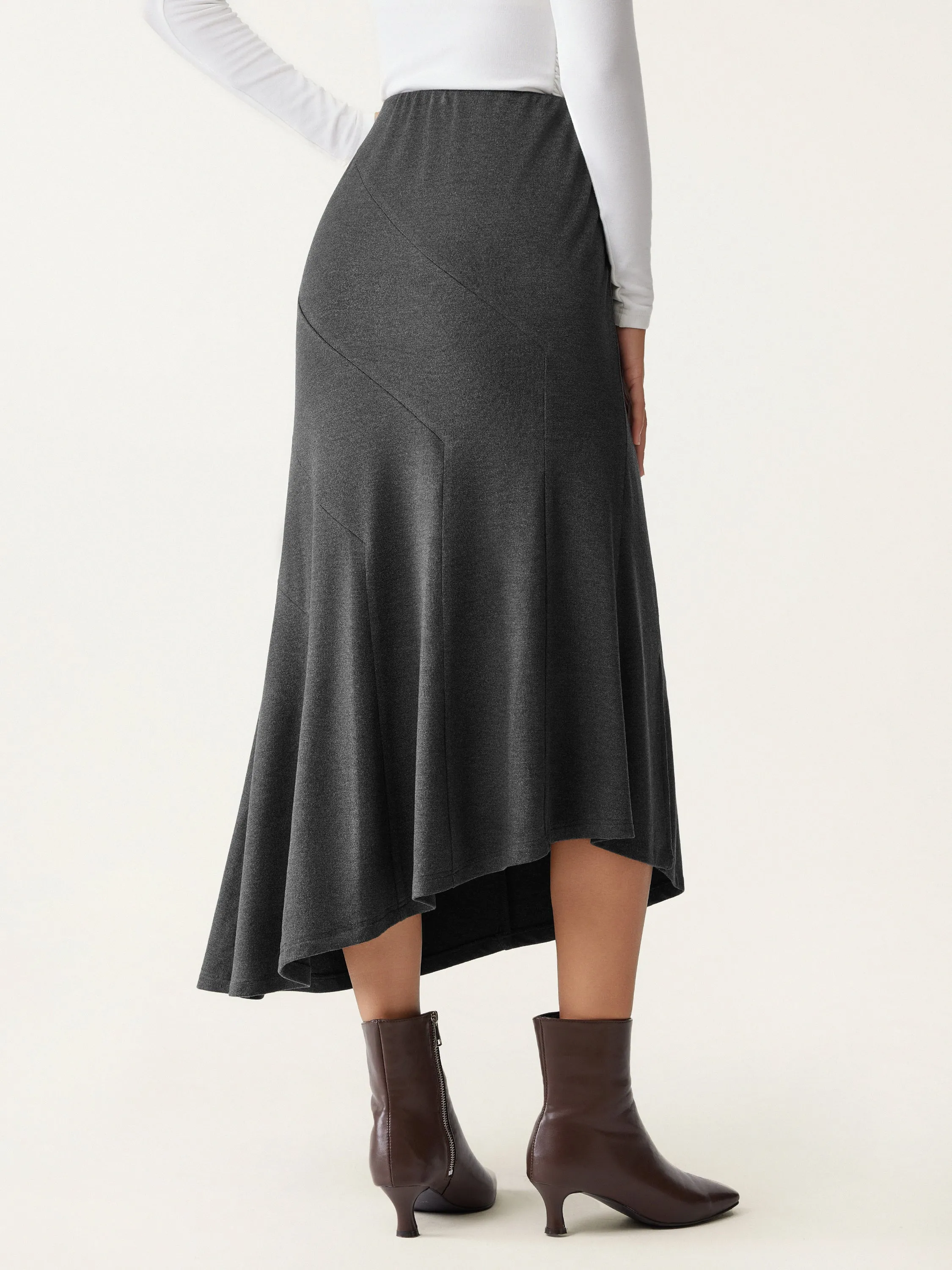 High Waisted Asymmetrical Hem Midi Fishtail Skirt