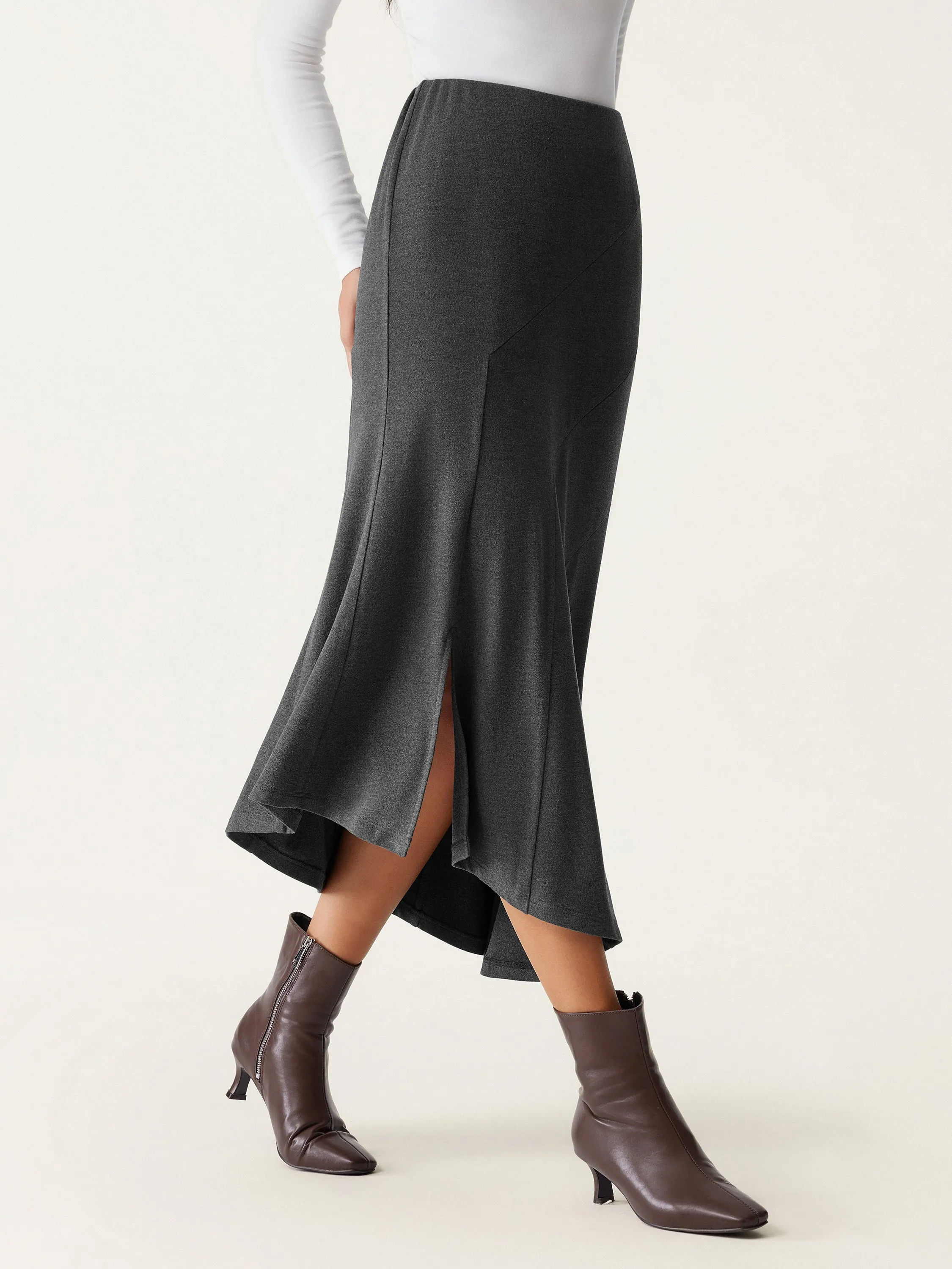 High Waisted Asymmetrical Hem Midi Fishtail Skirt