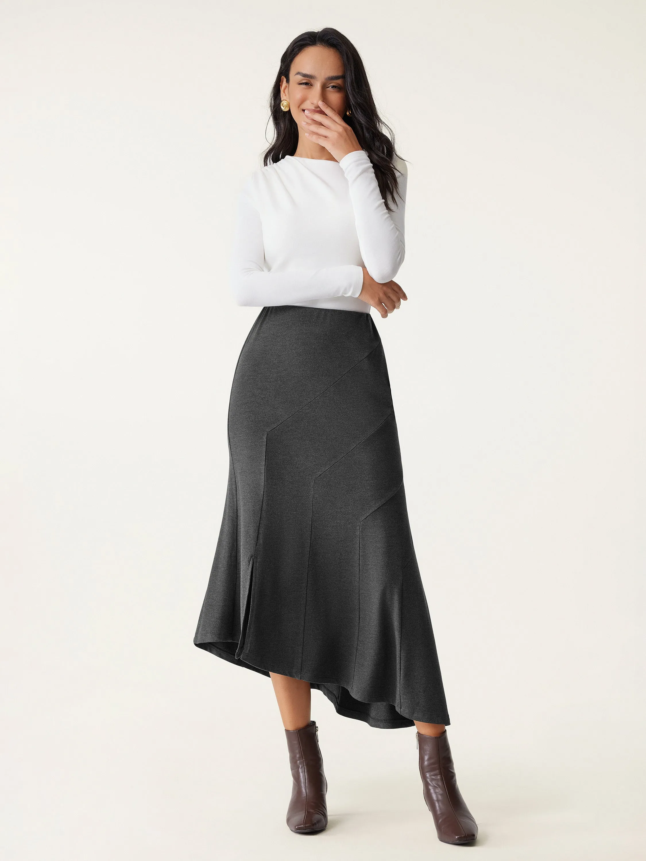 High Waisted Asymmetrical Hem Midi Fishtail Skirt