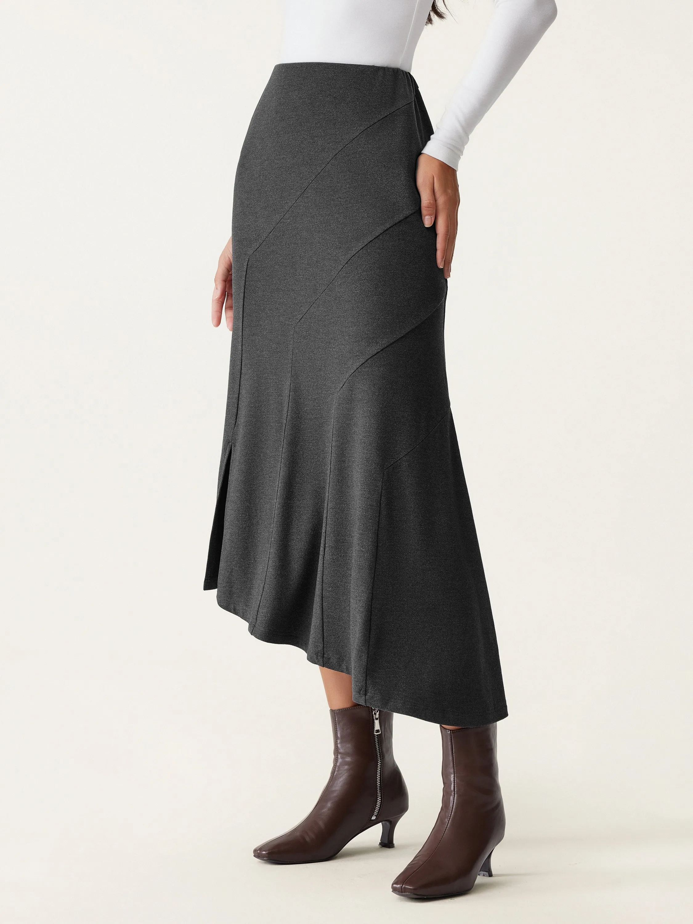 High Waisted Asymmetrical Hem Midi Fishtail Skirt