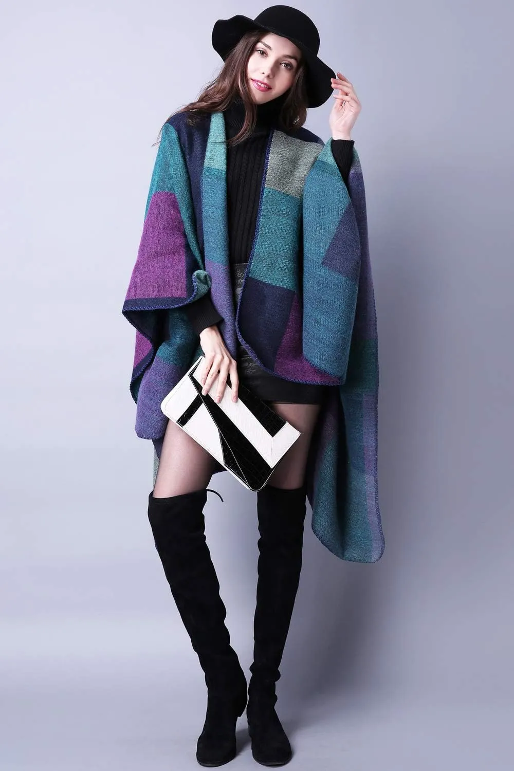 KirGiabo Women's Plaid Sweater Poncho Cape Coat Open Front Blanket Shawls and Wraps