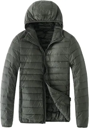 Men Puffer Jacket with Hood Ultra Lightweight Packable Quilted Hooded Bubble Down Jackets Winter Insulated Thick Outwear