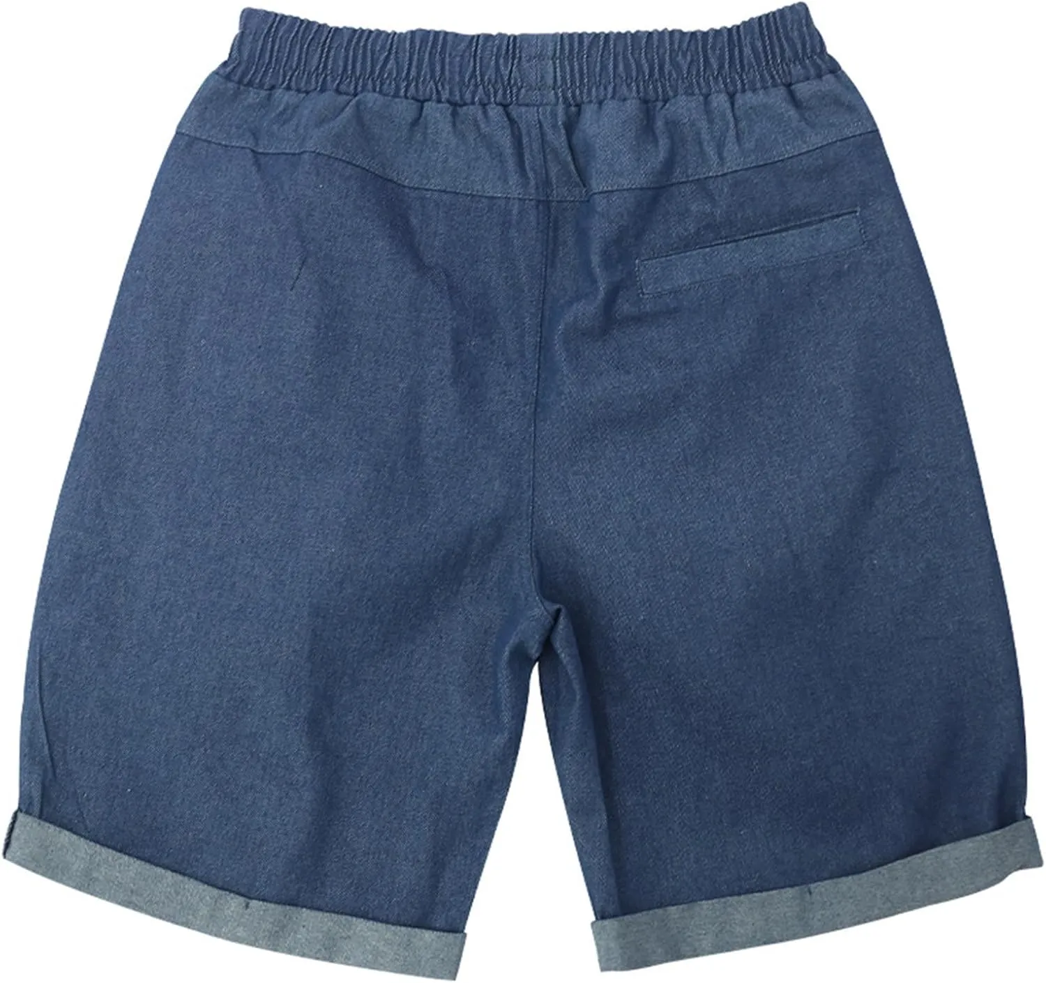 Mens Casual Denim Shorts Elastic Waist Drawstring Wide Leg Loose Fit Blue Color Rolled Hem Washed Summer Shorts