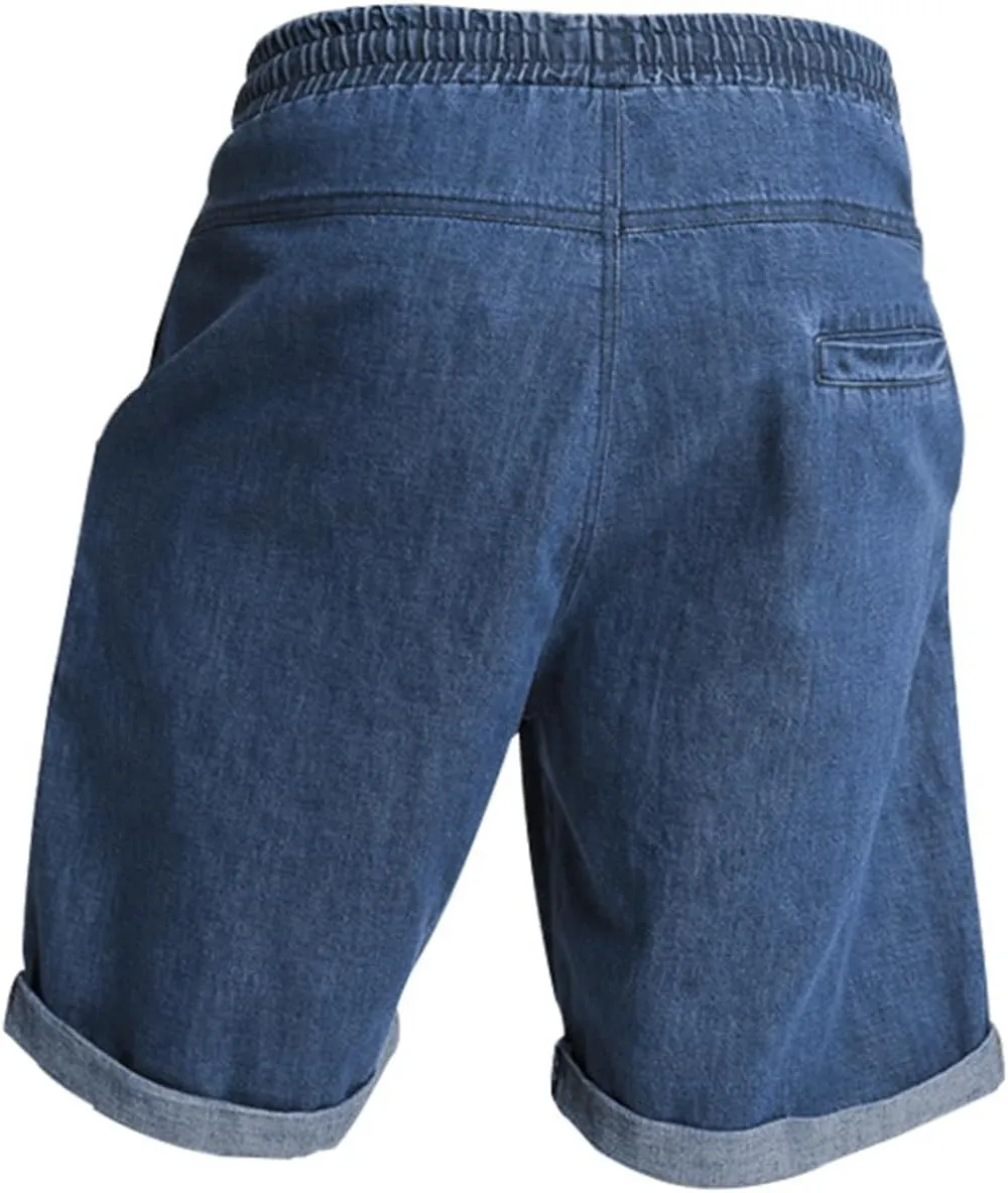 Mens Casual Denim Shorts Elastic Waist Drawstring Wide Leg Loose Fit Blue Color Rolled Hem Washed Summer Shorts