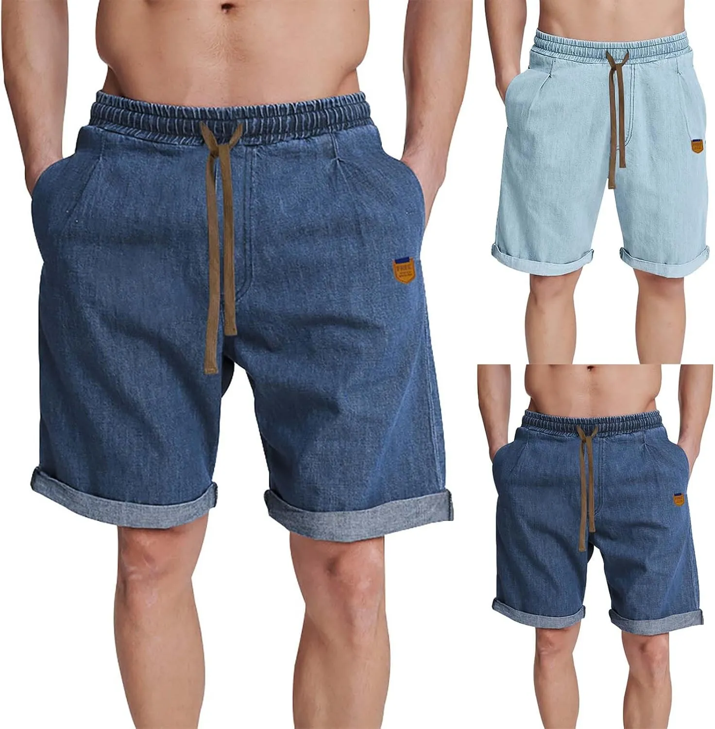 Mens Casual Denim Shorts Elastic Waist Drawstring Wide Leg Loose Fit Blue Color Rolled Hem Washed Summer Shorts