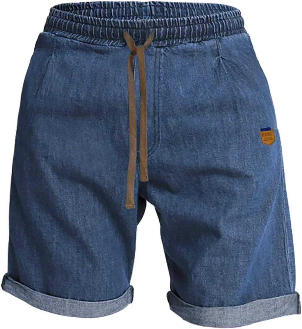 Mens Casual Denim Shorts Elastic Waist Drawstring Wide Leg Loose Fit Blue Color Rolled Hem Washed Summer Shorts