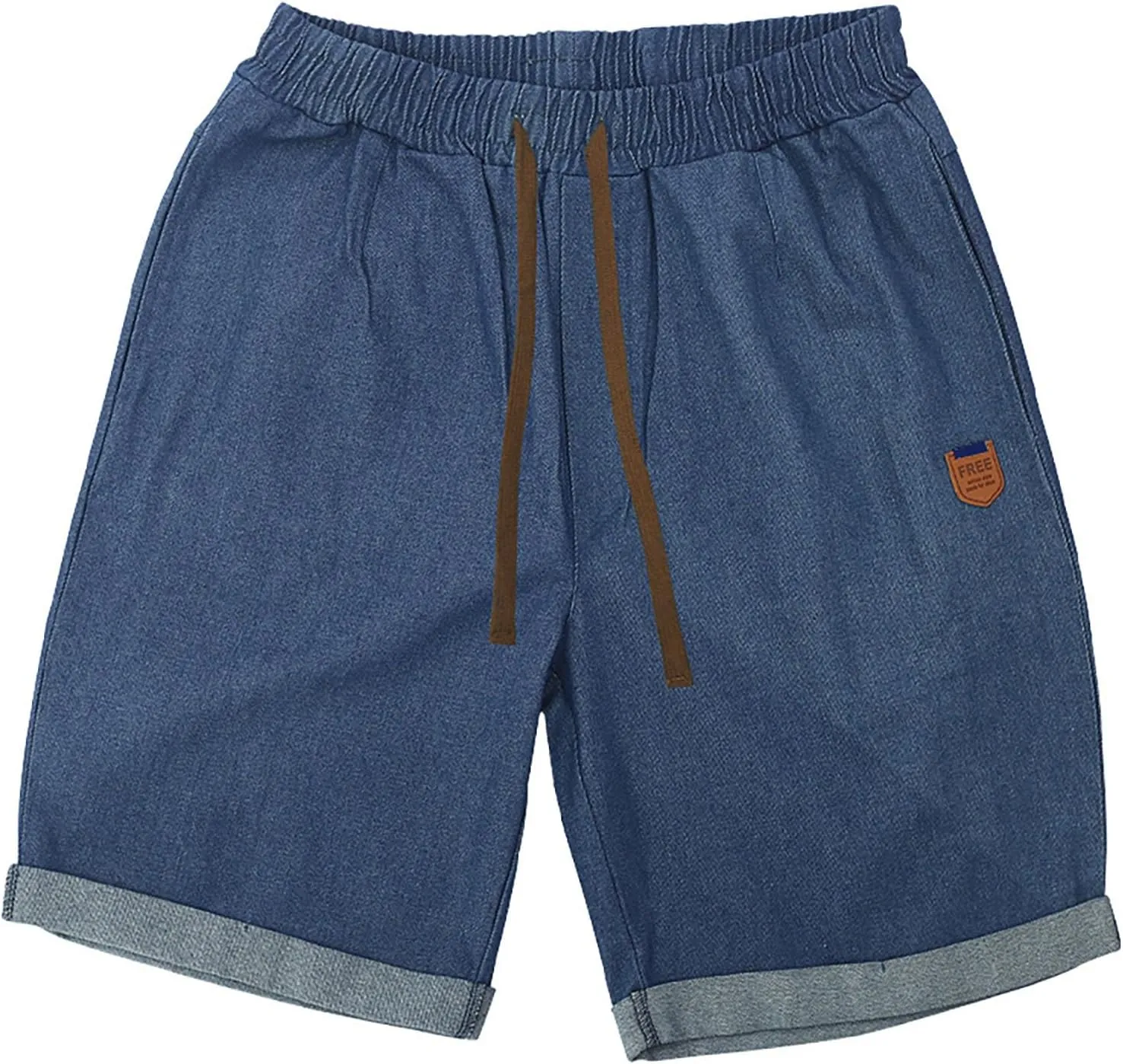 Mens Casual Denim Shorts Elastic Waist Drawstring Wide Leg Loose Fit Blue Color Rolled Hem Washed Summer Shorts