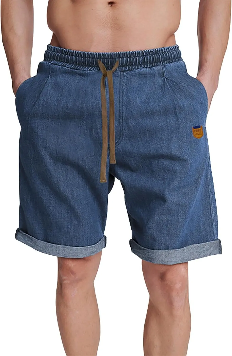 Mens Casual Denim Shorts Elastic Waist Drawstring Wide Leg Loose Fit Blue Color Rolled Hem Washed Summer Shorts