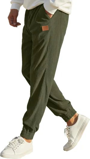 Mens Corduroy Joggers Pants Casual Cargo Pants Drawstring Elastic Waist Baggy Tapered Sweatpants with Pockets