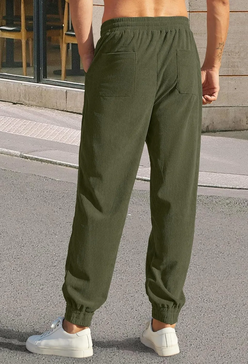 Mens Corduroy Joggers Pants Casual Cargo Pants Drawstring Elastic Waist Baggy Tapered Sweatpants with Pockets