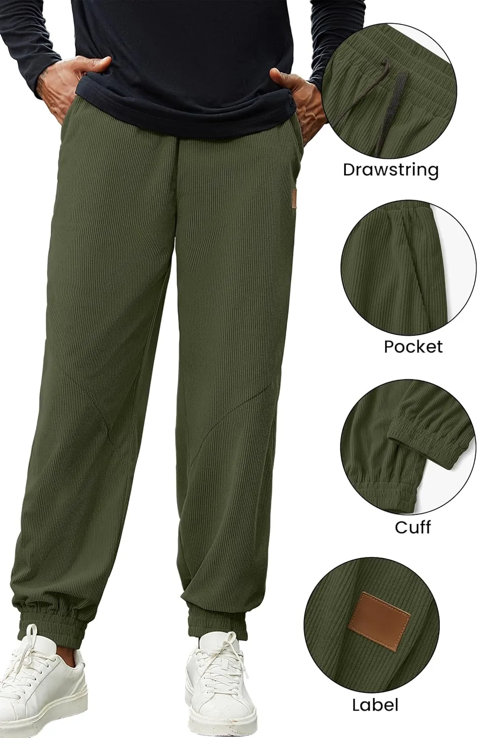 Mens Corduroy Joggers Pants Casual Cargo Pants Drawstring Elastic Waist Baggy Tapered Sweatpants with Pockets