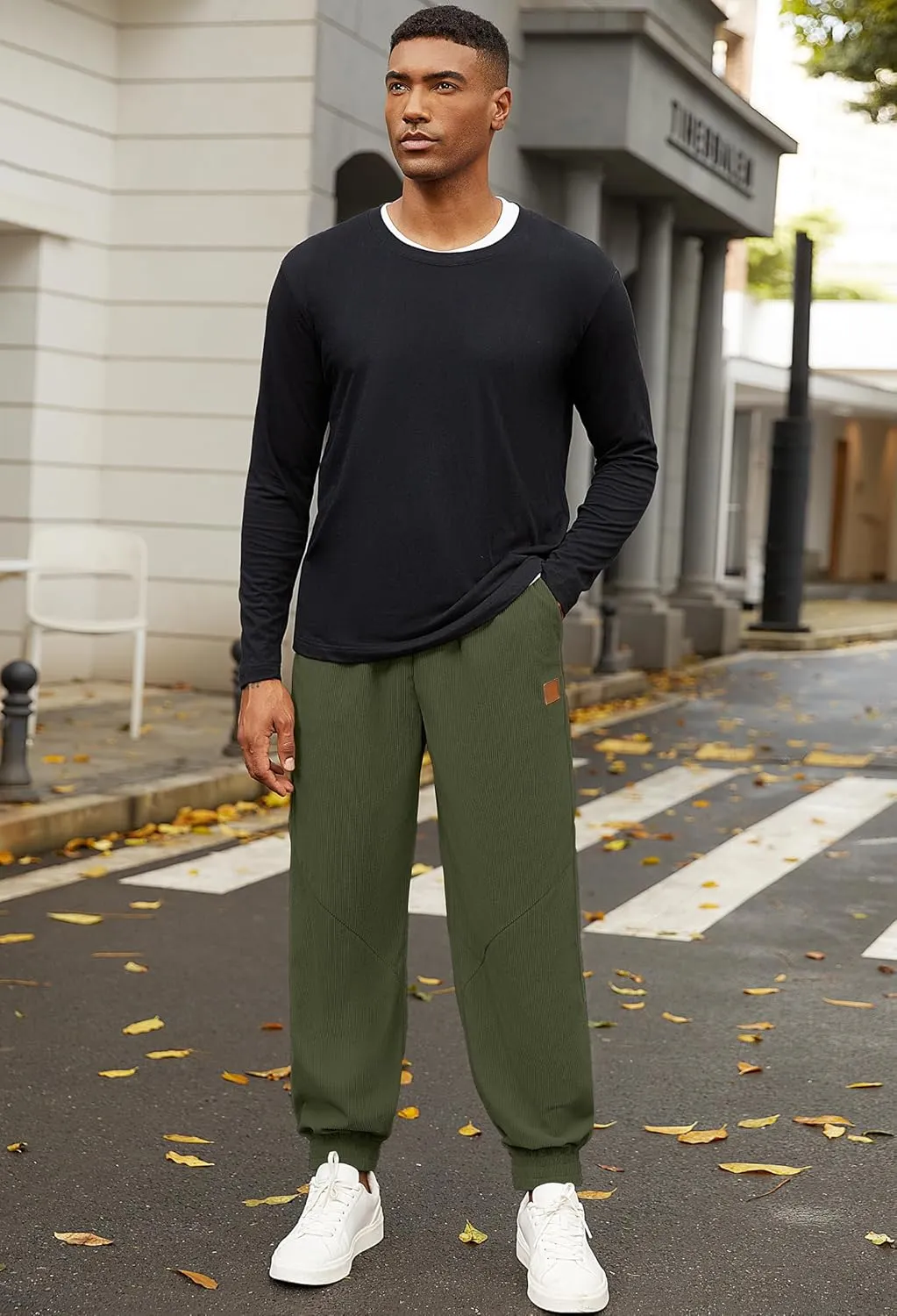 Mens Corduroy Joggers Pants Casual Cargo Pants Drawstring Elastic Waist Baggy Tapered Sweatpants with Pockets