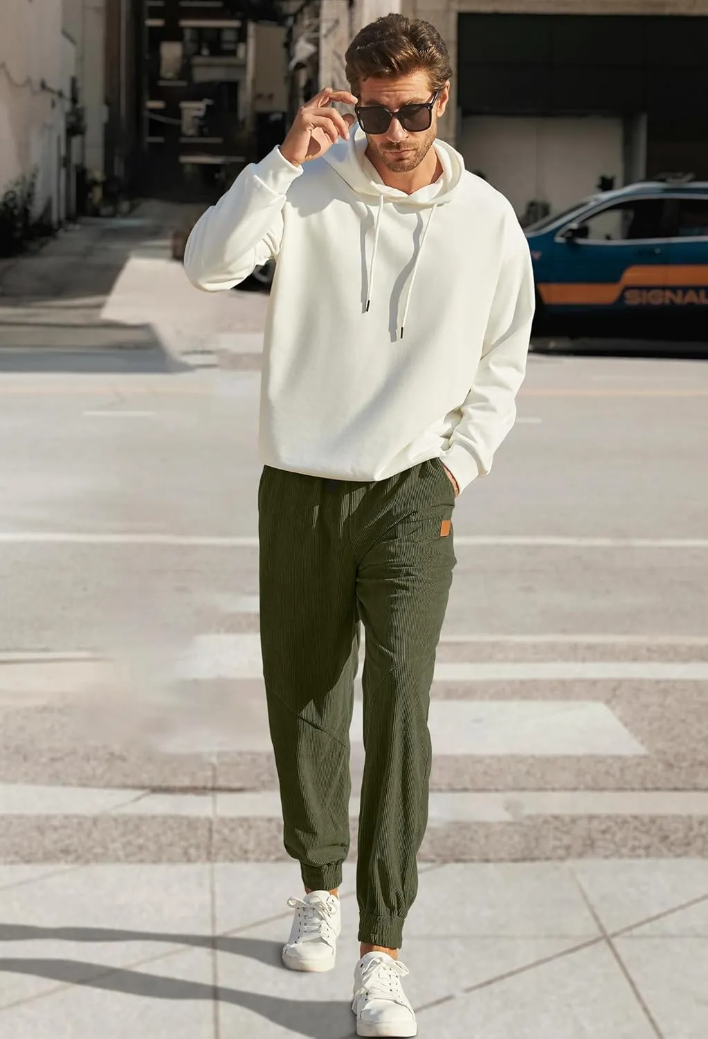 Mens Corduroy Joggers Pants Casual Cargo Pants Drawstring Elastic Waist Baggy Tapered Sweatpants with Pockets