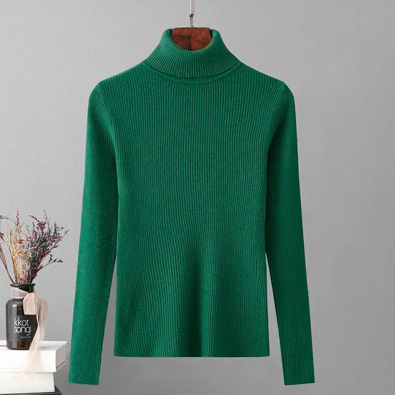 Skinny Elastic Basic Turtleneck Knit  Warm Soft Pullovers Full