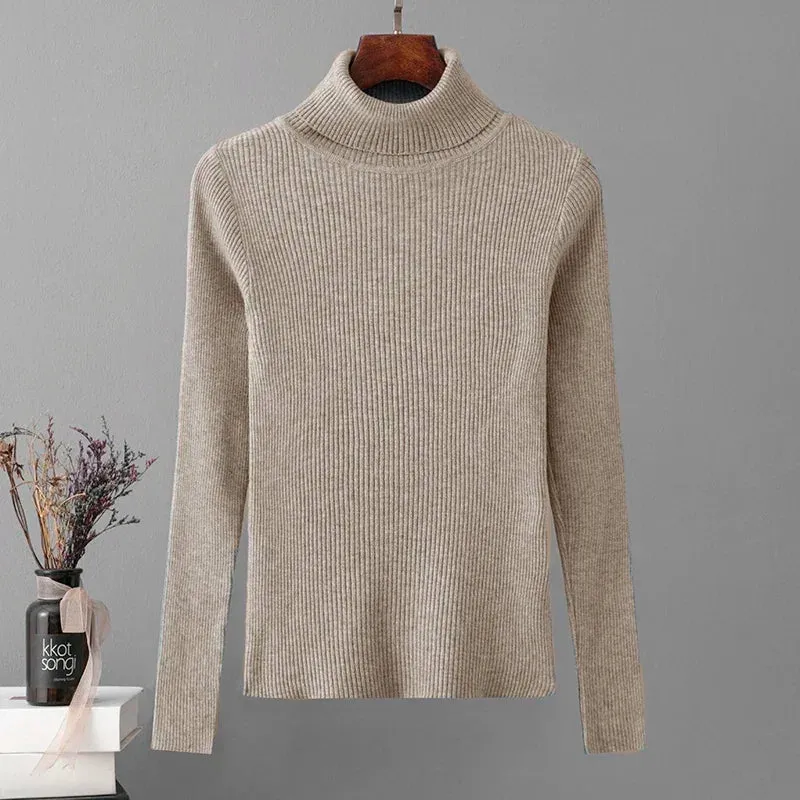 Skinny Elastic Basic Turtleneck Knit  Warm Soft Pullovers Full