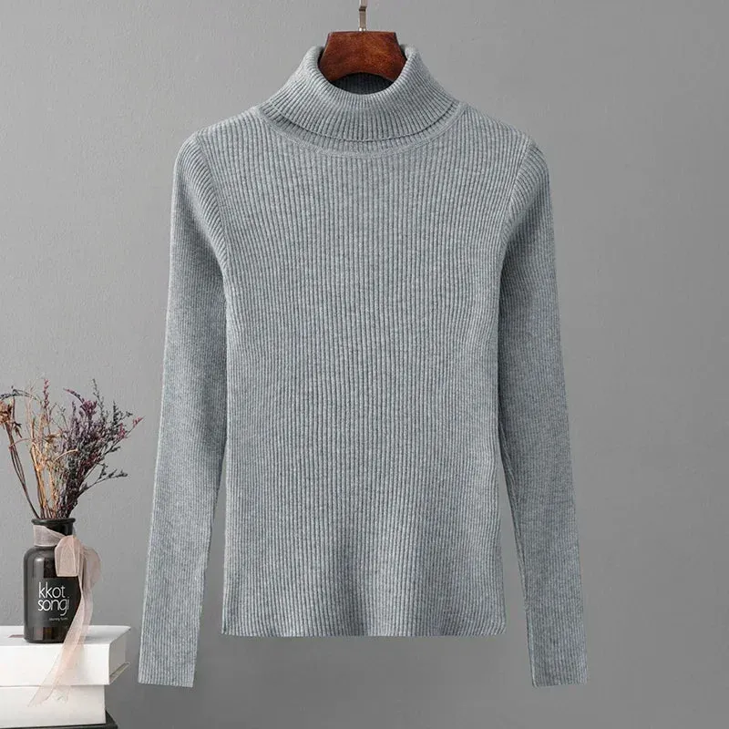 Skinny Elastic Basic Turtleneck Knit  Warm Soft Pullovers Full