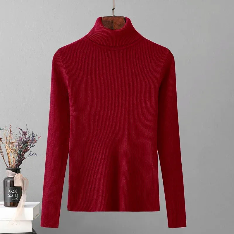 Skinny Elastic Basic Turtleneck Knit  Warm Soft Pullovers Full