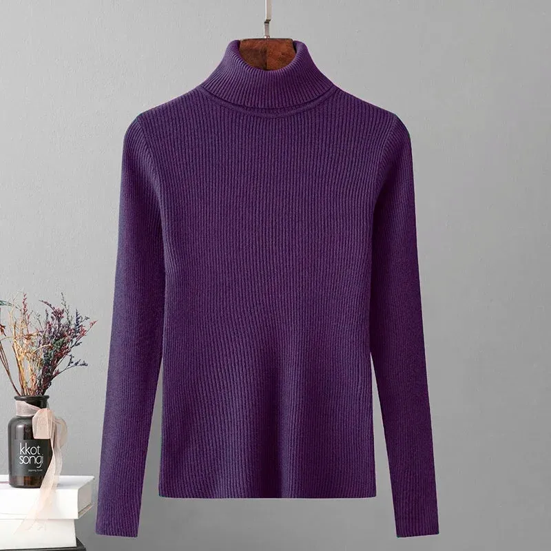 Skinny Elastic Basic Turtleneck Knit  Warm Soft Pullovers Full