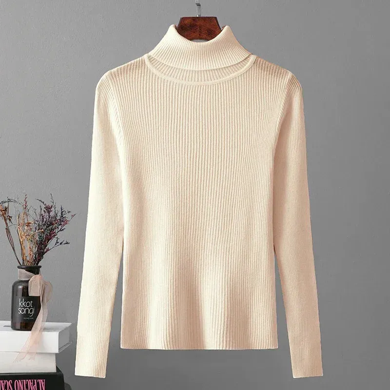 Skinny Elastic Basic Turtleneck Knit  Warm Soft Pullovers Full