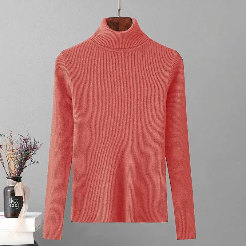Skinny Elastic Basic Turtleneck Knit  Warm Soft Pullovers Full