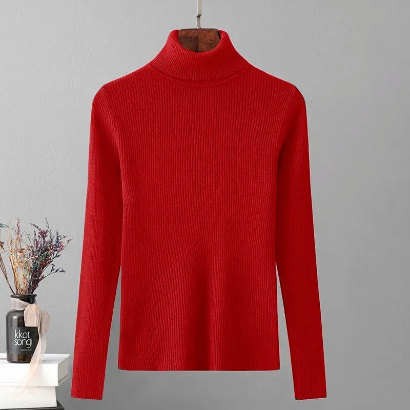 Skinny Elastic Basic Turtleneck Knit  Warm Soft Pullovers Full