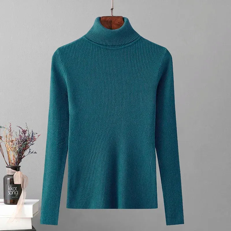 Skinny Elastic Basic Turtleneck Knit  Warm Soft Pullovers Full