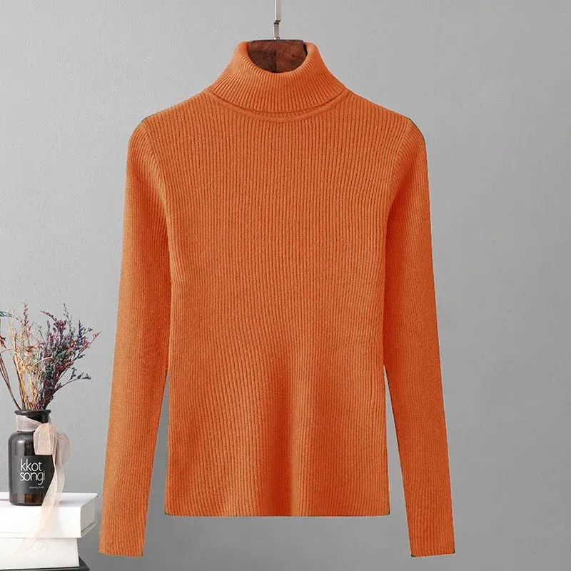 Skinny Elastic Basic Turtleneck Knit  Warm Soft Pullovers Full
