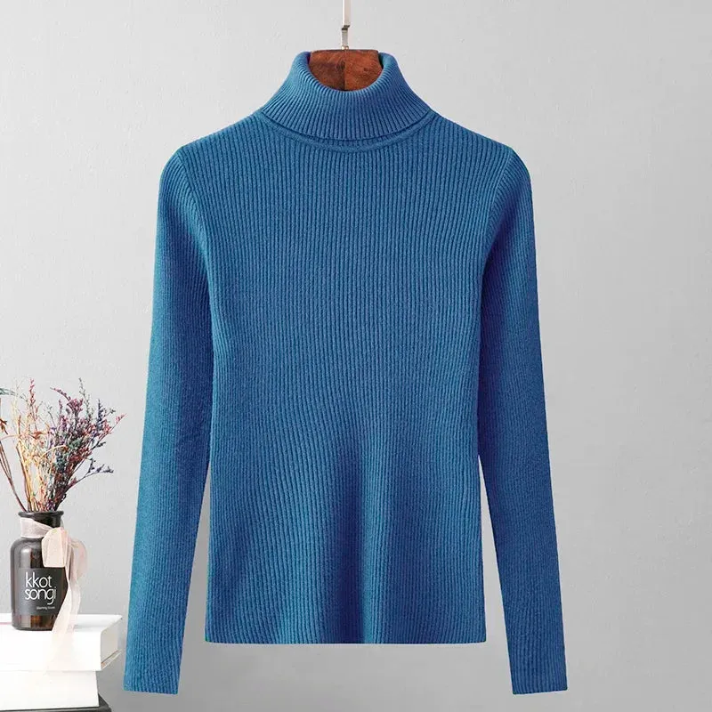 Skinny Elastic Basic Turtleneck Knit  Warm Soft Pullovers Full