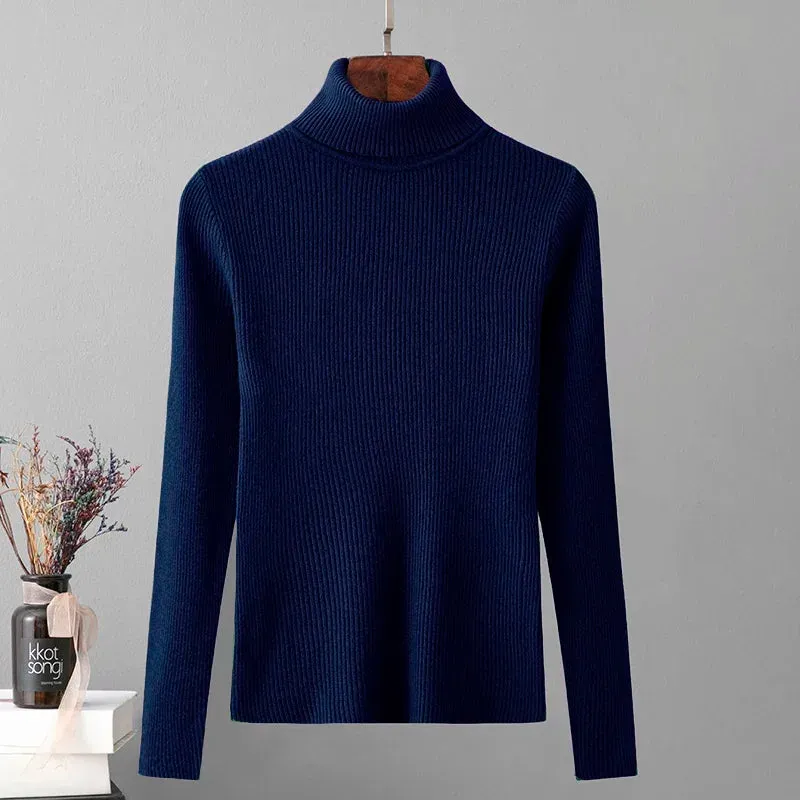 Skinny Elastic Basic Turtleneck Knit  Warm Soft Pullovers Full