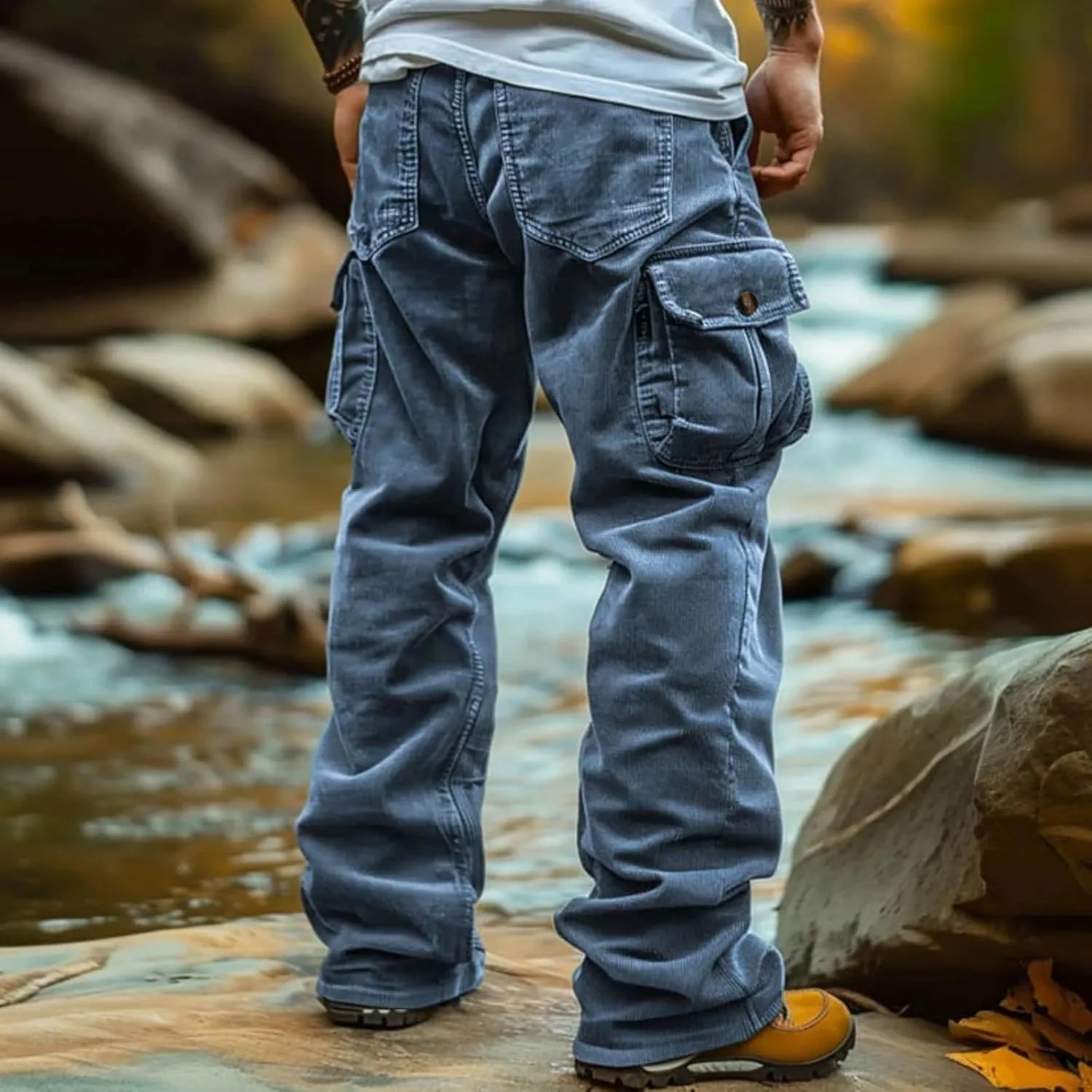 WENKOMG1 Corduroy Cargo Pants for Men Multi Pockets Straight Leg Outdoor Work Pants Retro Style Workwear