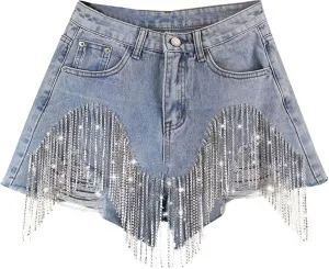 Women's Diamond Tassels Denim Shorts Summer Casual High Waist Ripped Wide Leg Jeans Shorts with Rhinestone Fringe