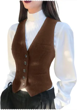 Women's Wool Blend Waistcoat V Neck Sleeveless Jacket Fully Lined Suit Vests