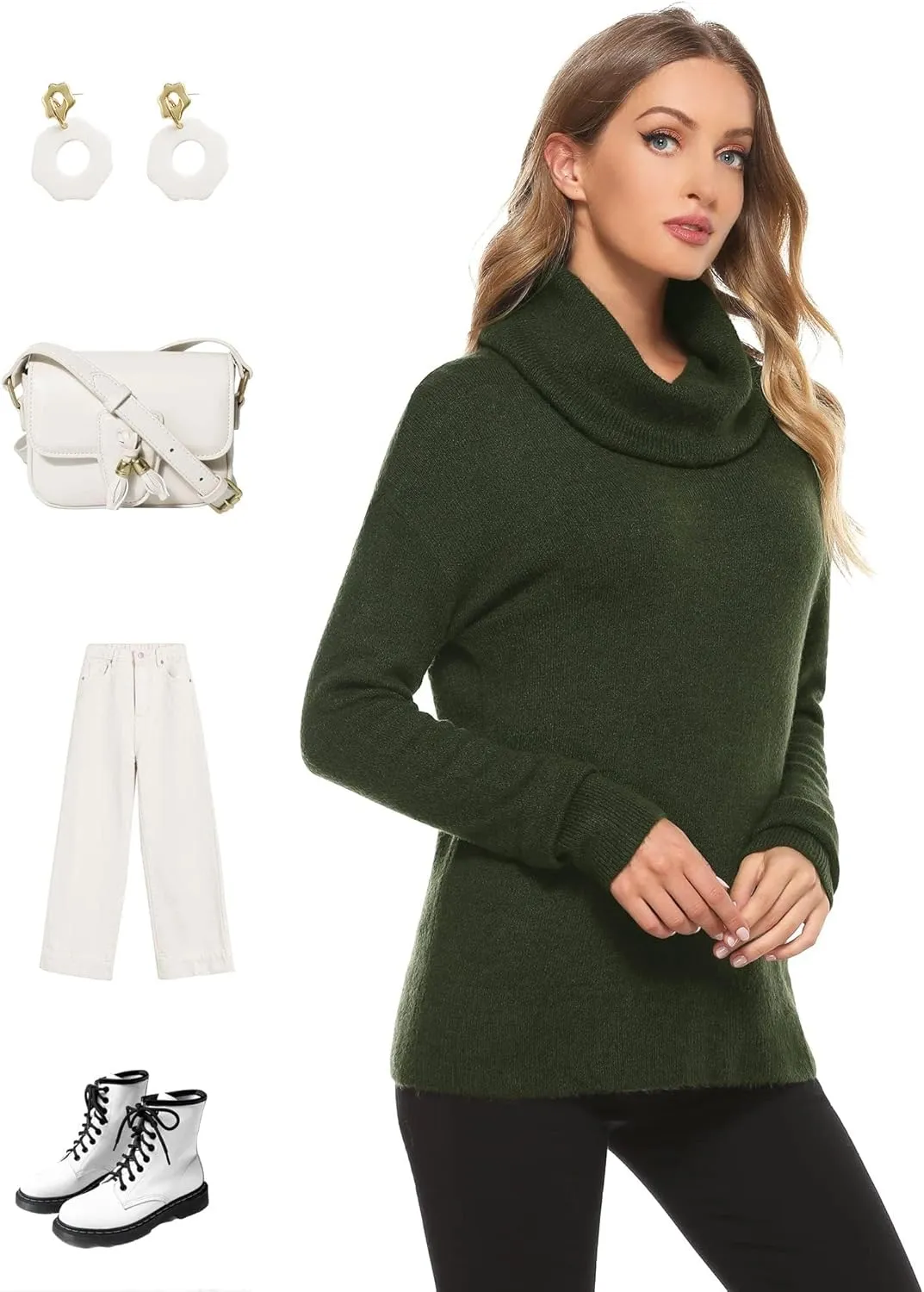 Woolicity Women's Cowl Neck Sweaters Long Sleeve Loose Fitting Ribbed Cozy Soft Casual Turtleneck Pullover Tops