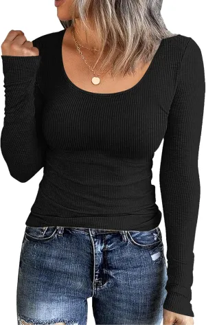 Zeagoo Women's Ribbed Long Sleeve T-Shirts Casual Crew Neck Slim Fit Shirt Soft Stretch Base Layer Lightweight Tops XS-XXL